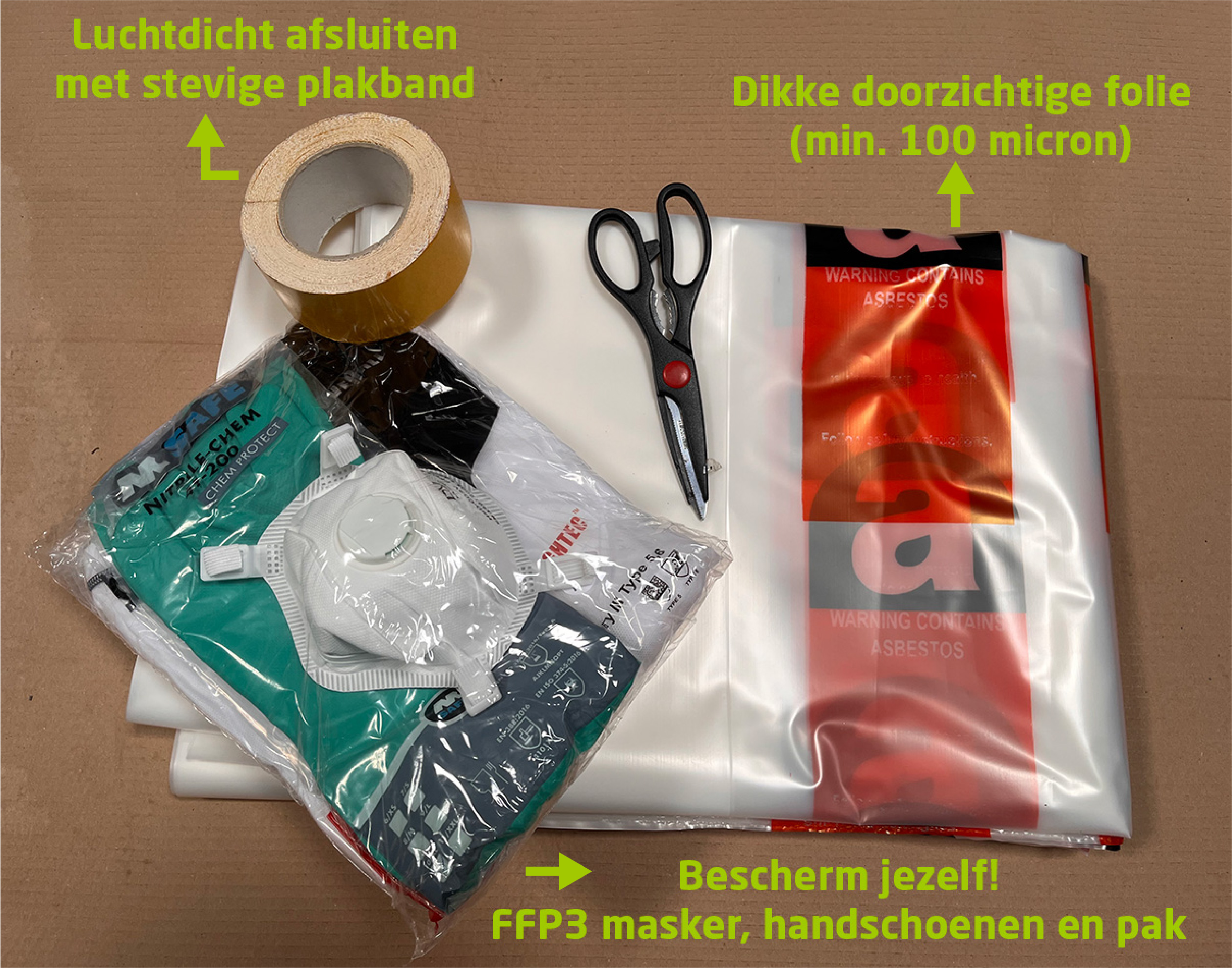Breng asbest goed verpakt naar het recyclagepark.